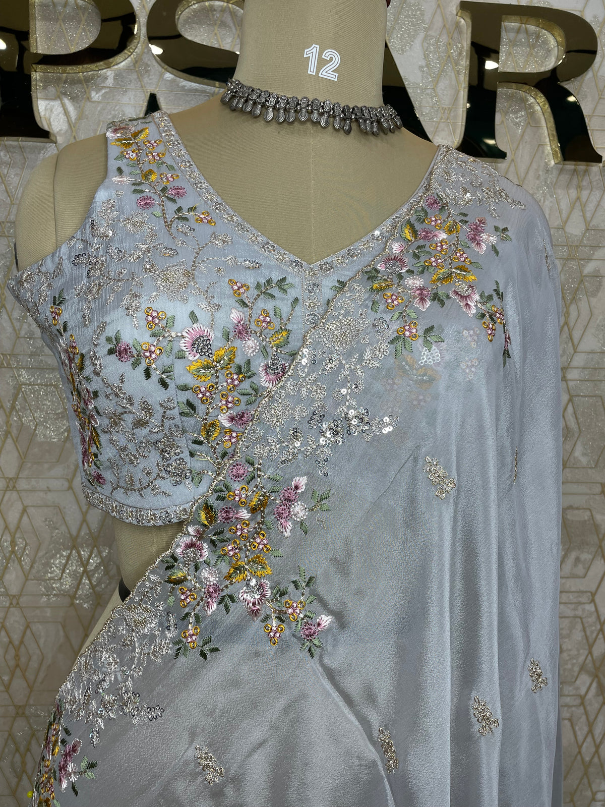 Grey Handwork Stitched Blouse Designer Party Saree 55