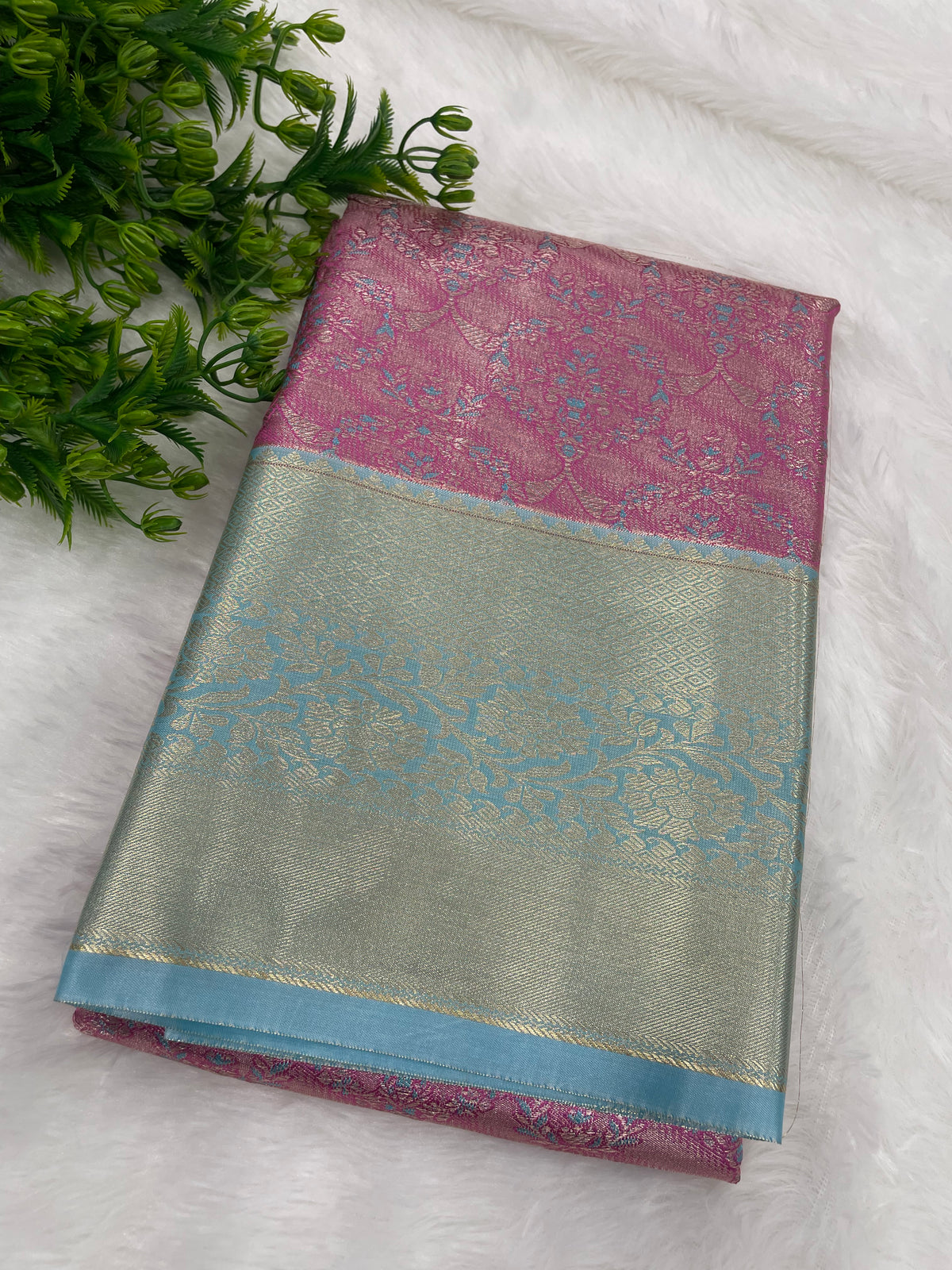 Pink n Blue Brocade Semi Kanchi Tissue Saree