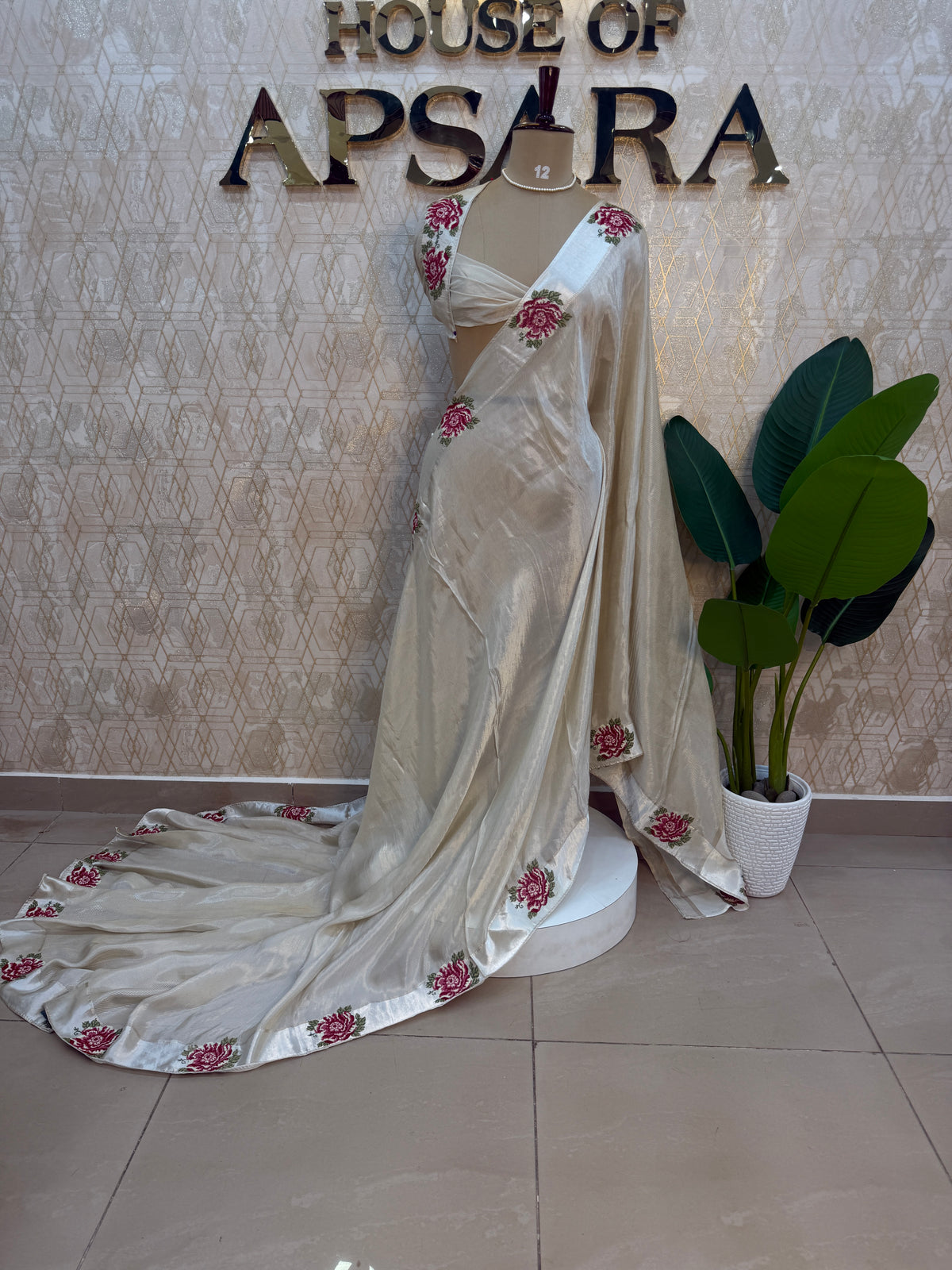 White Satin Silk Petite Point Embroidery Saree 305
