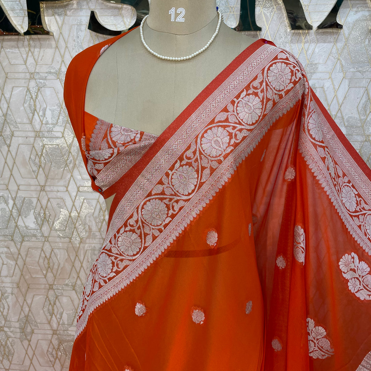 Orange Banarasi Silk Saree With Silvar Zari Semi Chiffon