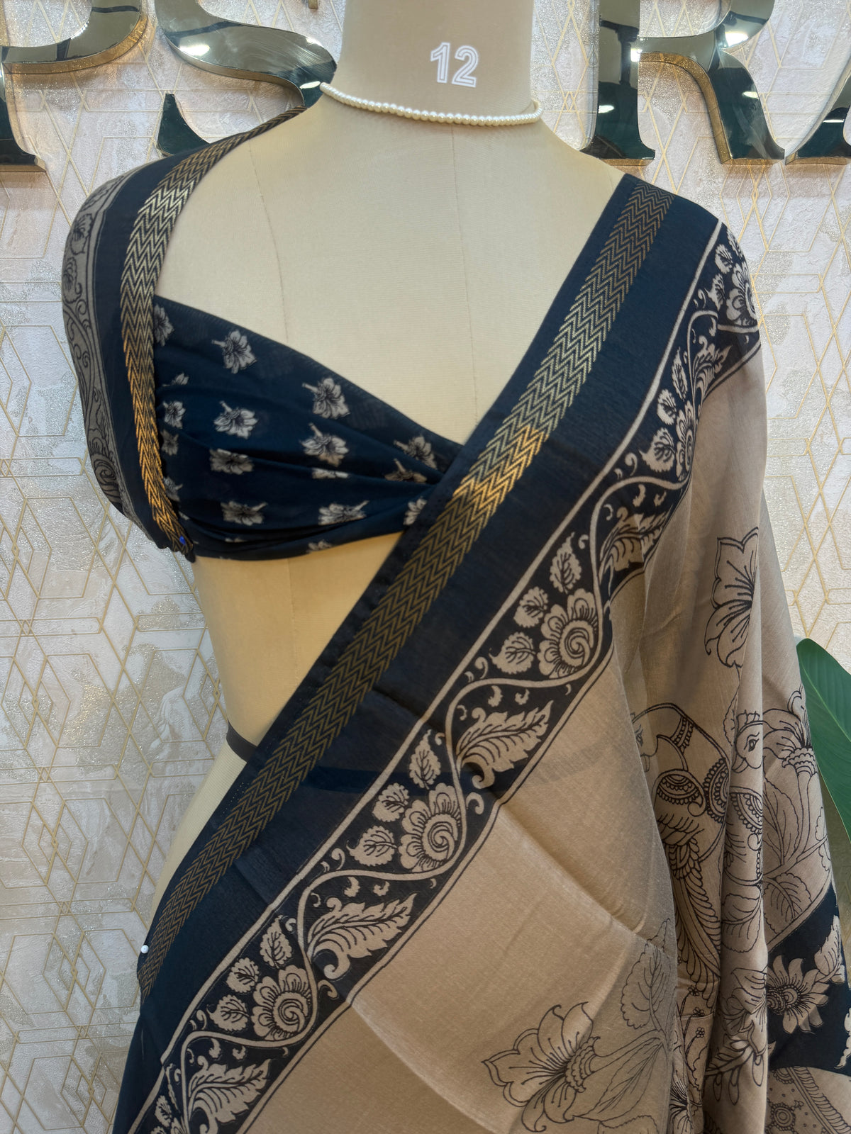 Cream n Black Kalamkari Print Mangalgiri Cotton Silk Saree 13