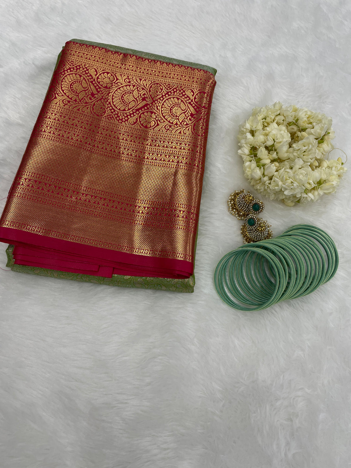Green n Pink Brocade Semi Kanchi Tissue Saree