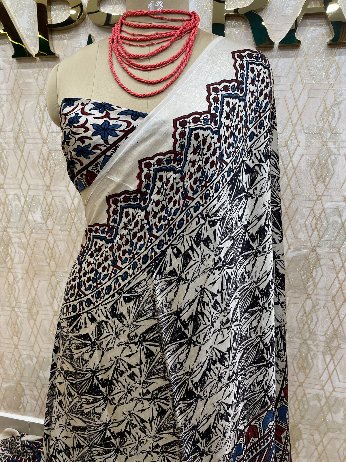 Cream Pure Modal Silk Ajrak Print Saree 05