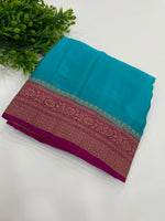 Blue n Pink Pure Banarasi Crepe Saree 03