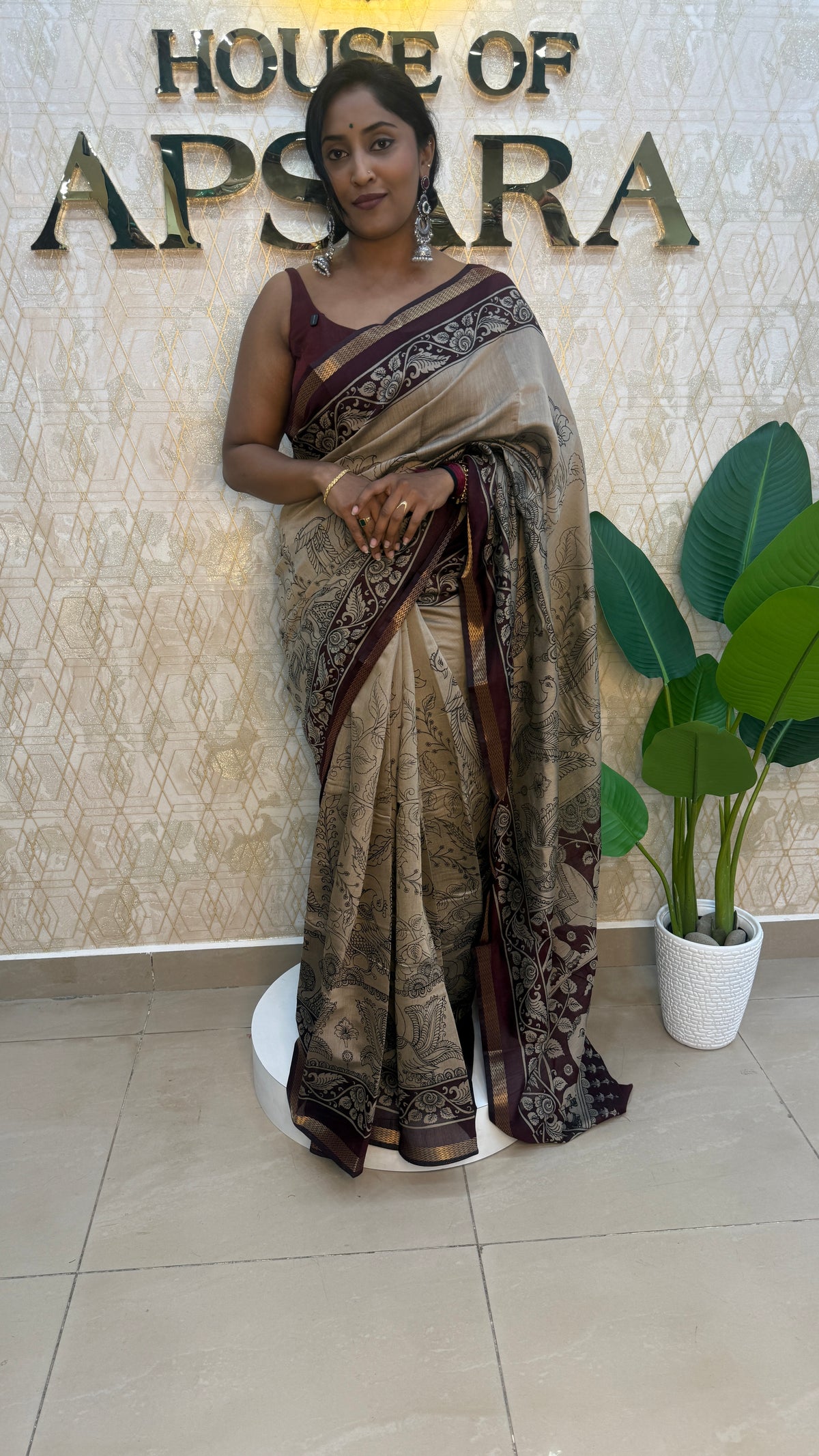 Cream n Maroon Kalamkari Print Mangalgiri Cotton Silk Saree 13
