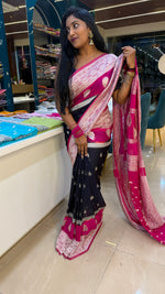Navy Blue n Pink With Silver Zari Semi Chiffon
