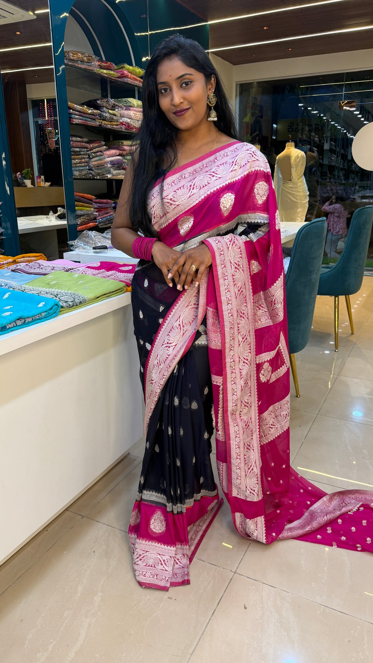 Navy Blue n Pink With Silver Zari Semi Chiffon