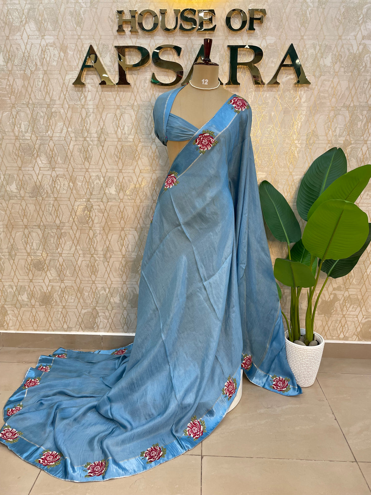 Blue Satin Silk Petite Point Embroidery Saree 305