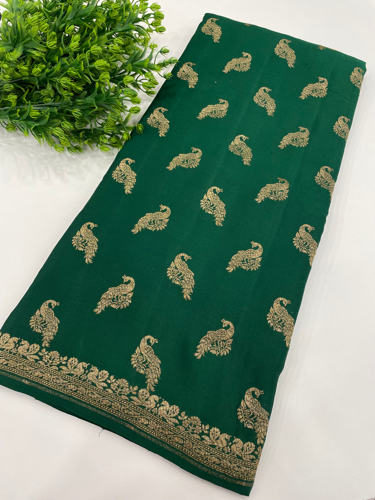 Bottle Green Pure Banarasi Crepe Self Saree 03