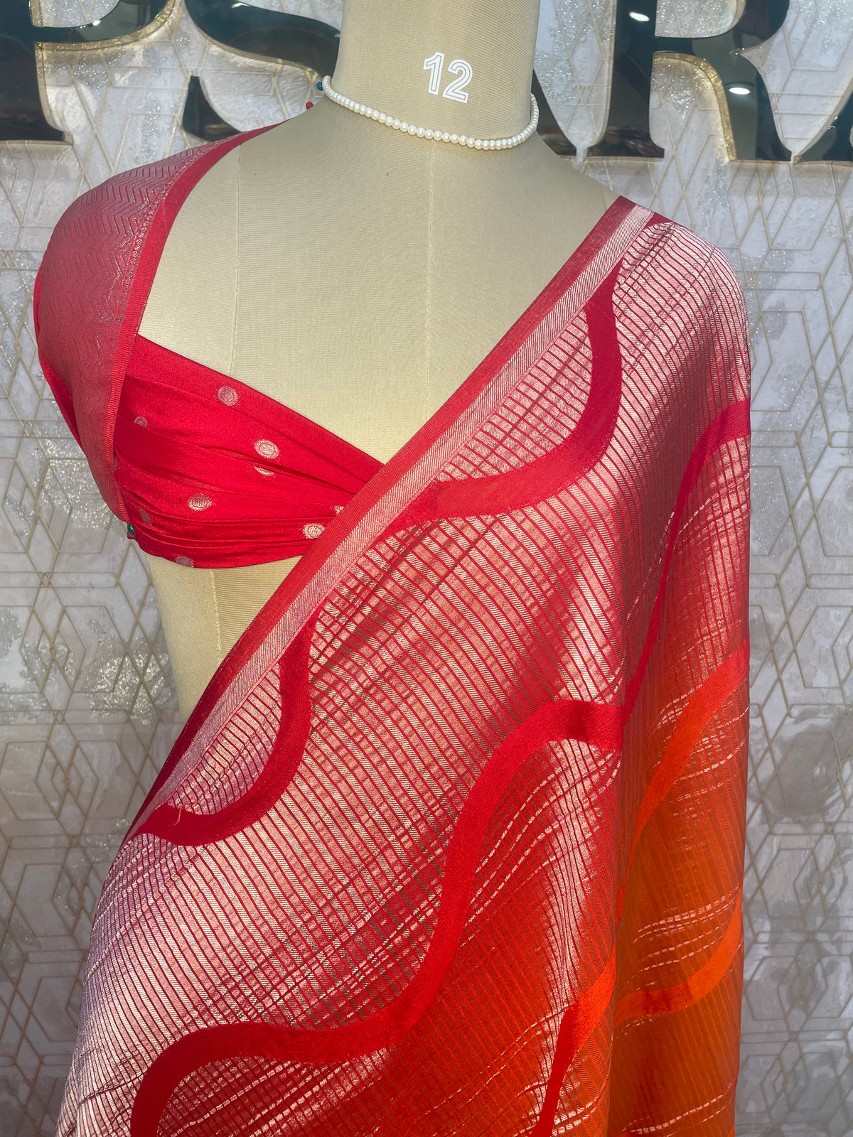 Red n Orange With Silver Zari Semi Chiffon Saree 70
