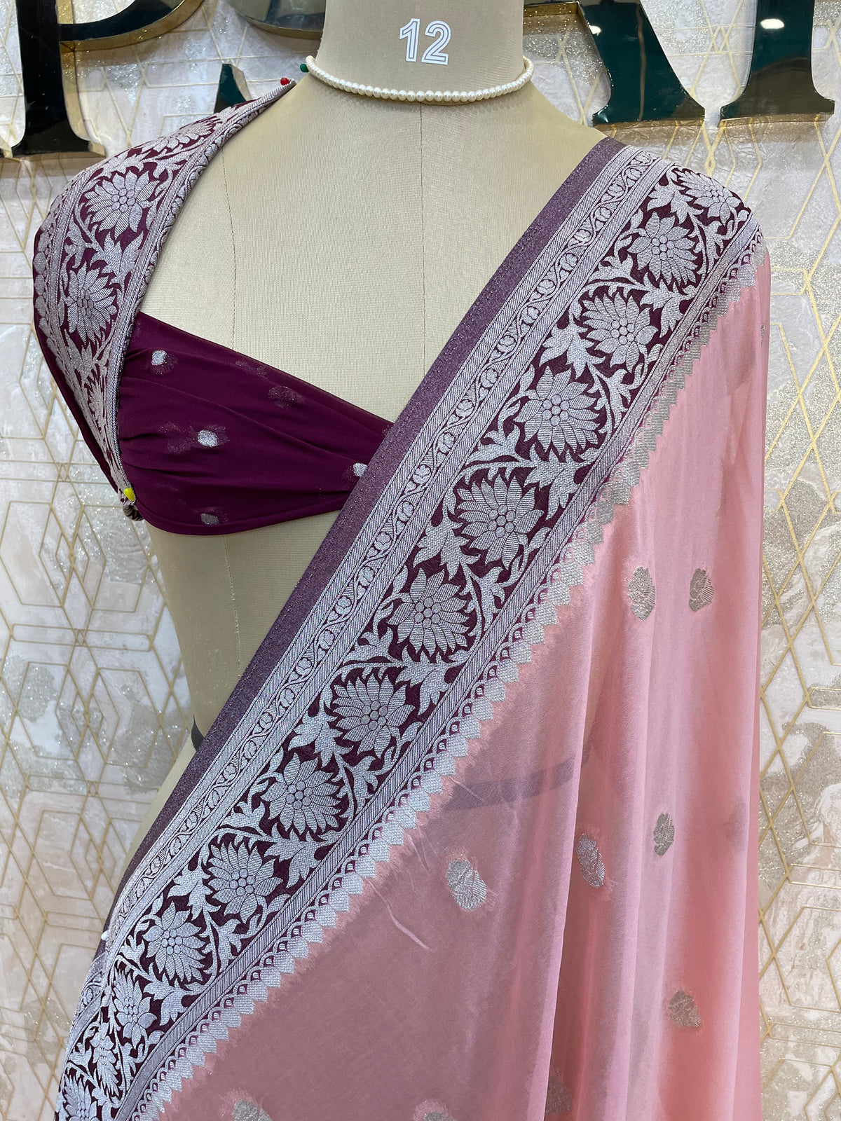 Peach With Silver Zari Semi Chiffon