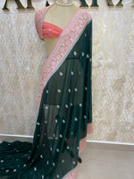 Bottle Green With Silver Zari Semi Chiffon