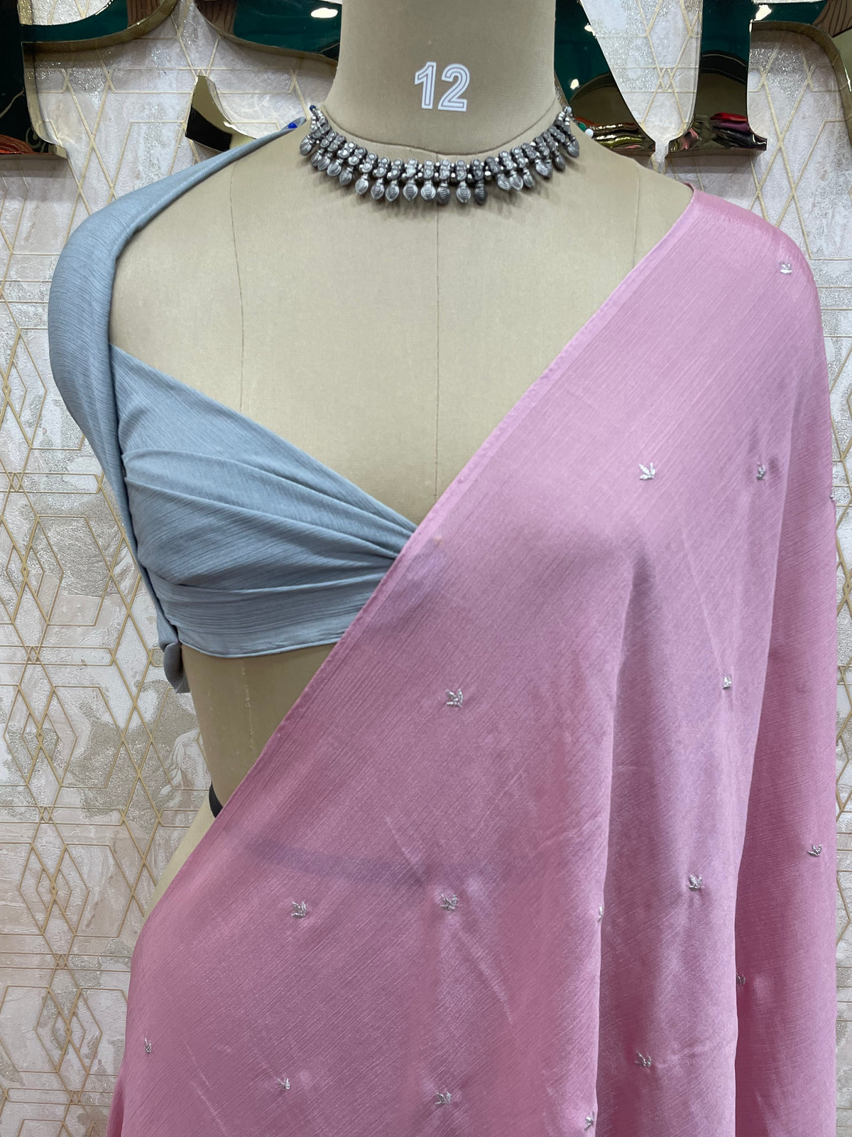 Baby Pink Chinon Zari Embroidery Saree 44