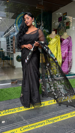 Black Organza Peacock Appliqué Work Saree 29