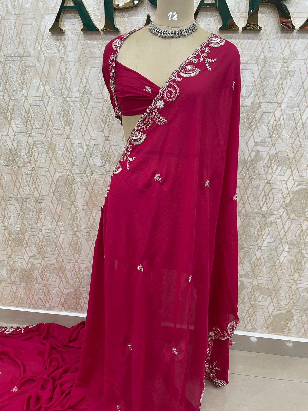 Pink Embroidery Work Crepe Saree 29