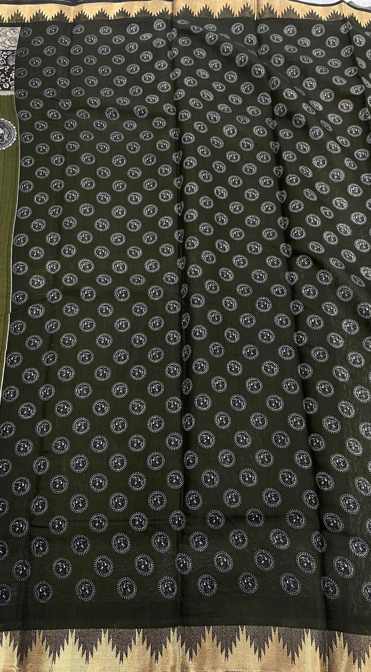 Mehendi Green n Black Pure Mangalgiri Cotton Silk Saree 13