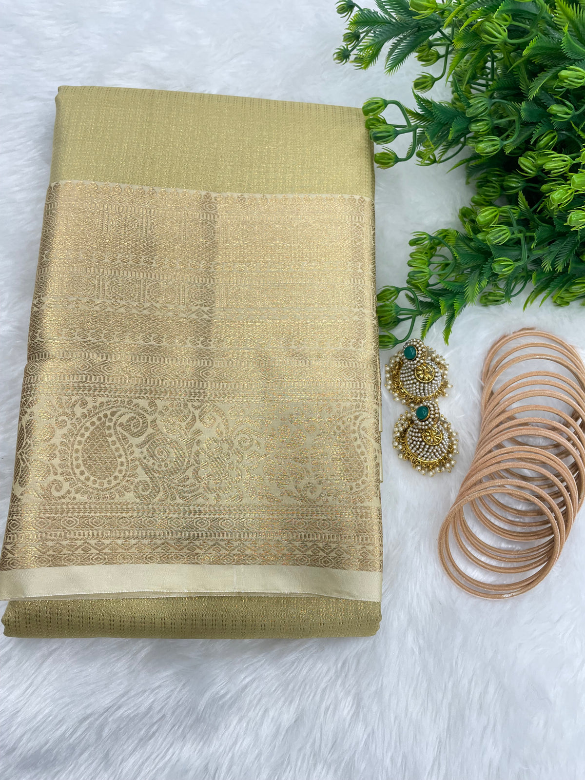 Gold n Cream Brocade Semi Kanchi Tissue Saree