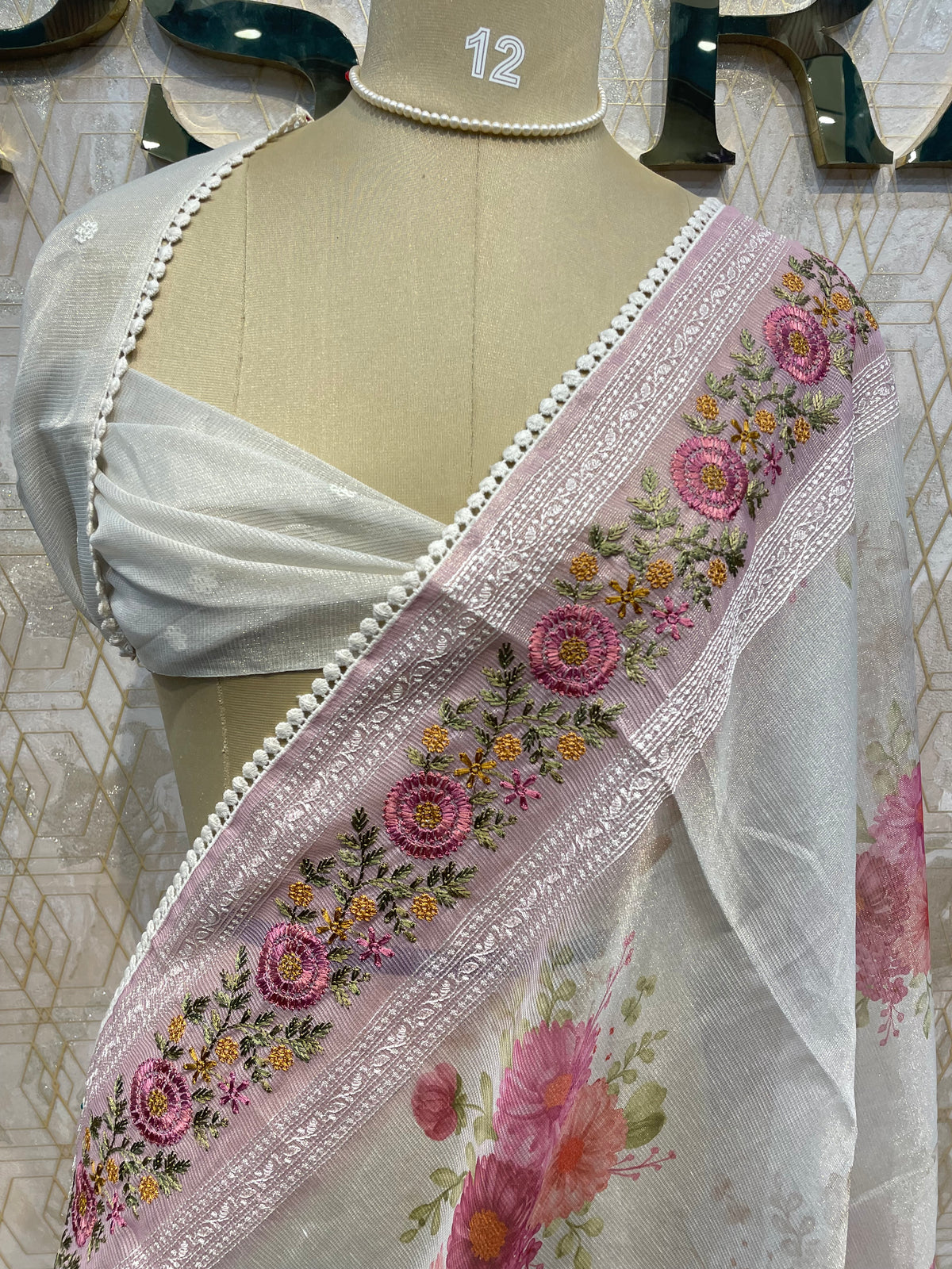 White n Pink Soft Tissue Embroidery With Floral Print Saree 64