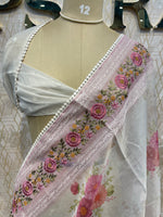 White n Pink Soft Tissue Embroidery With Floral Print Saree 64