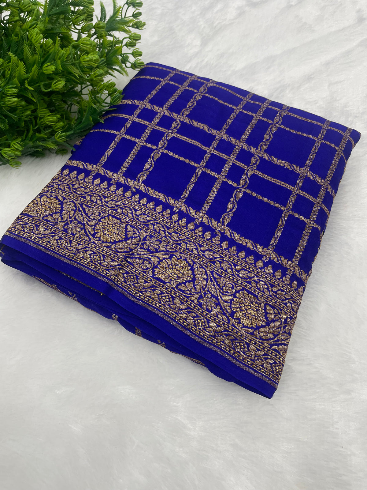 Royal Blue Pure Khadi Banarasi Crepe Saree Self 06