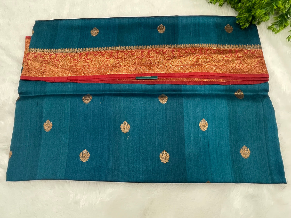 Peacock Blue Pure Tussur Handblom Saree 12