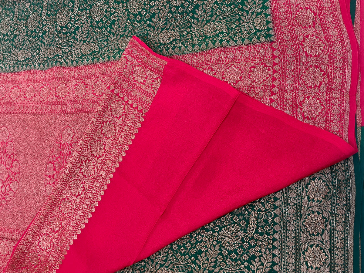 Green n Red Pure Khadi Banarasi Crepe Saree 06