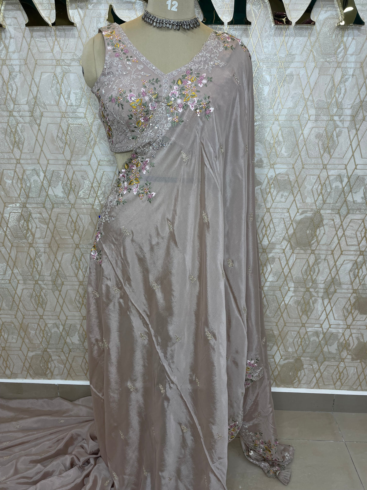 Beige Handwork Stitched Blouse Designer Party Saree 55