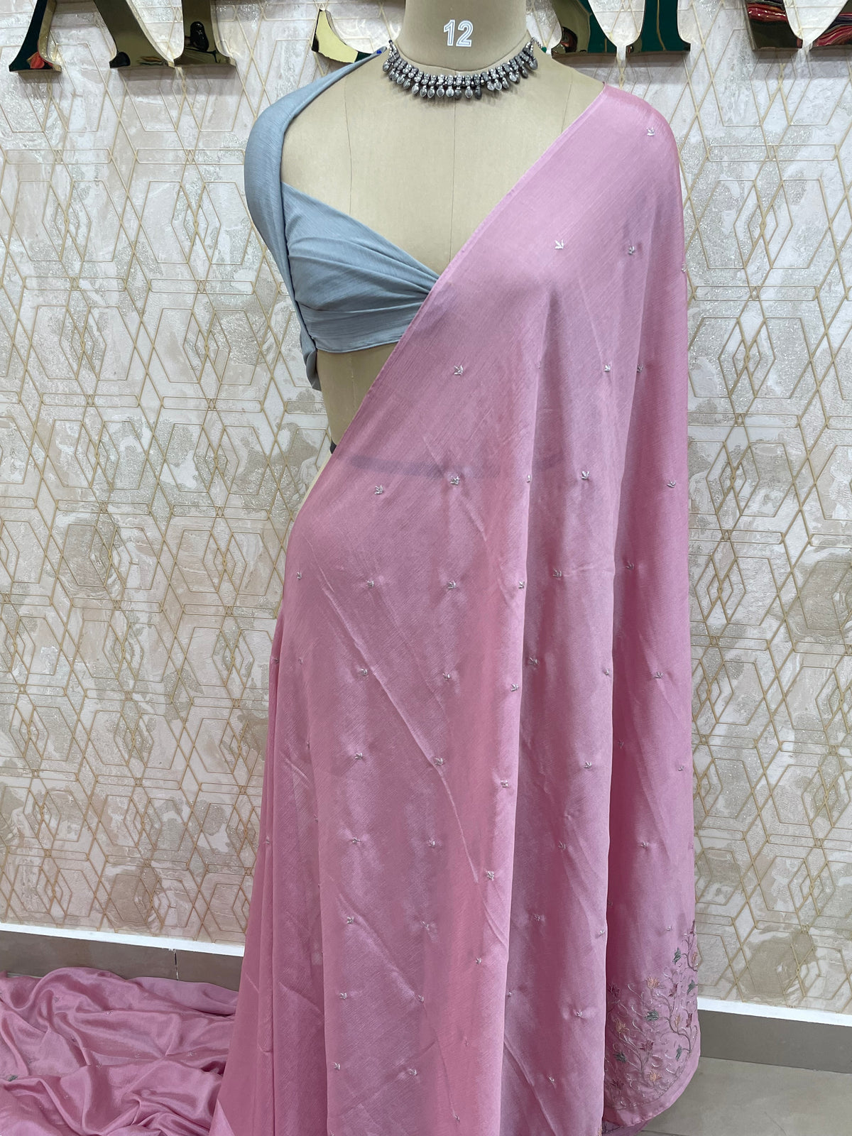 Baby Pink Chinon Zari Embroidery Saree 44