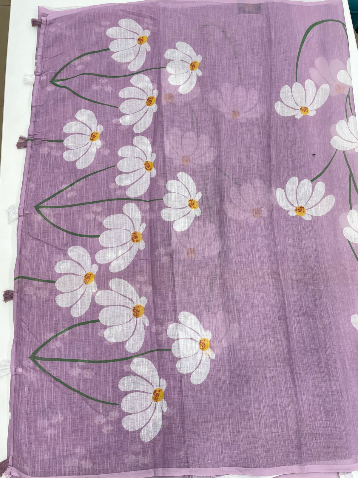 Lilac Lenin Cotton Floral Print Saree 19