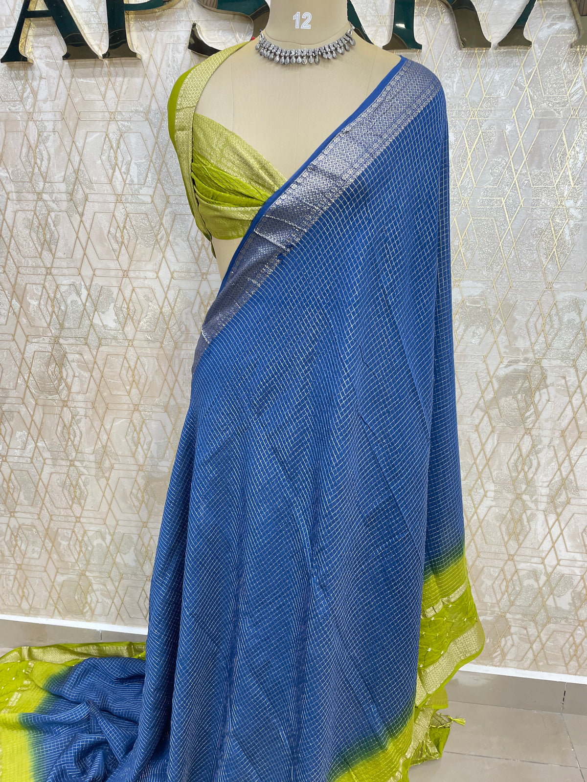 Blue n Green Checks Cotton Silk Saree 13