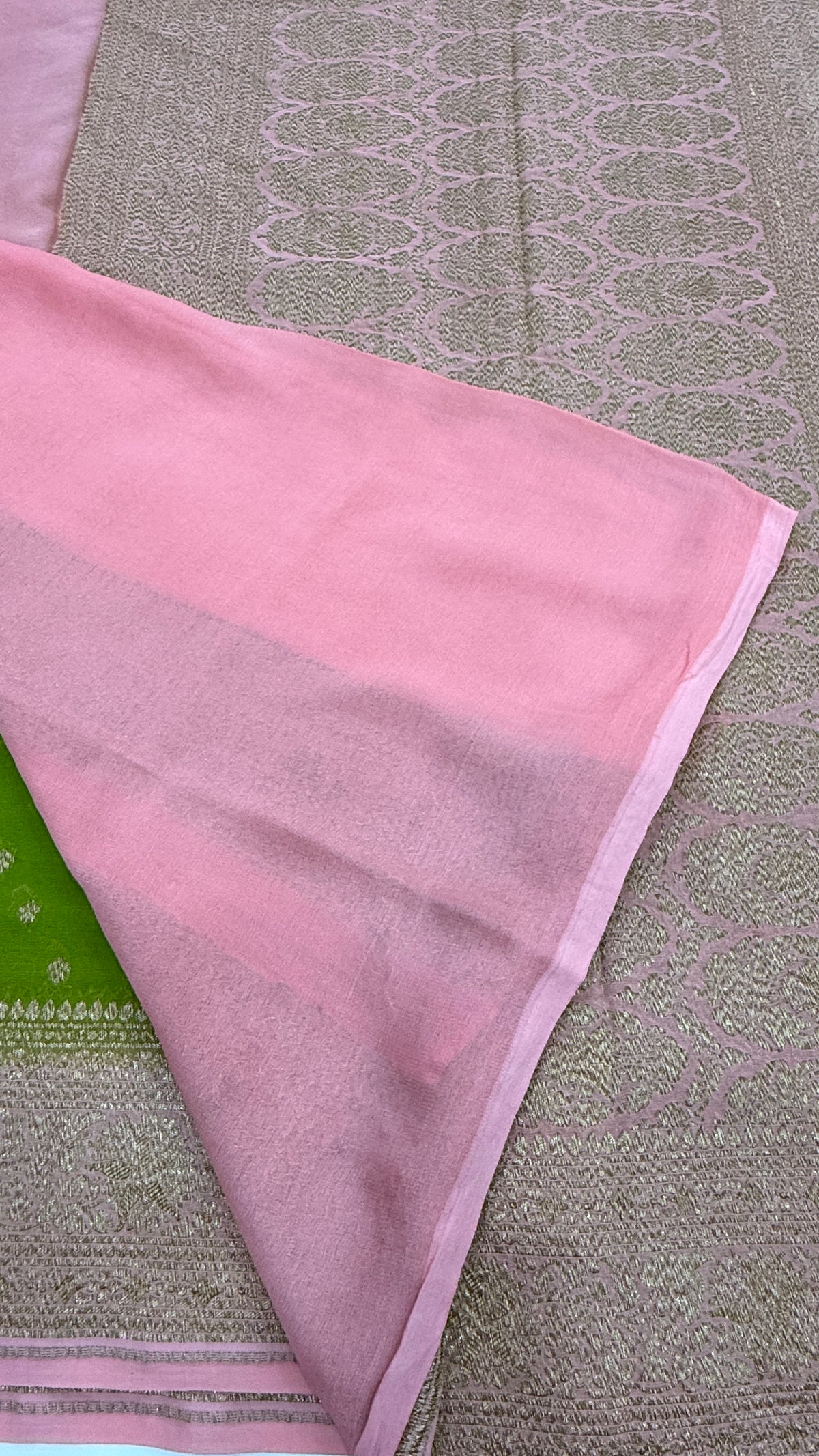 Green n baby pink Pure Khadi Georgette Saree 04