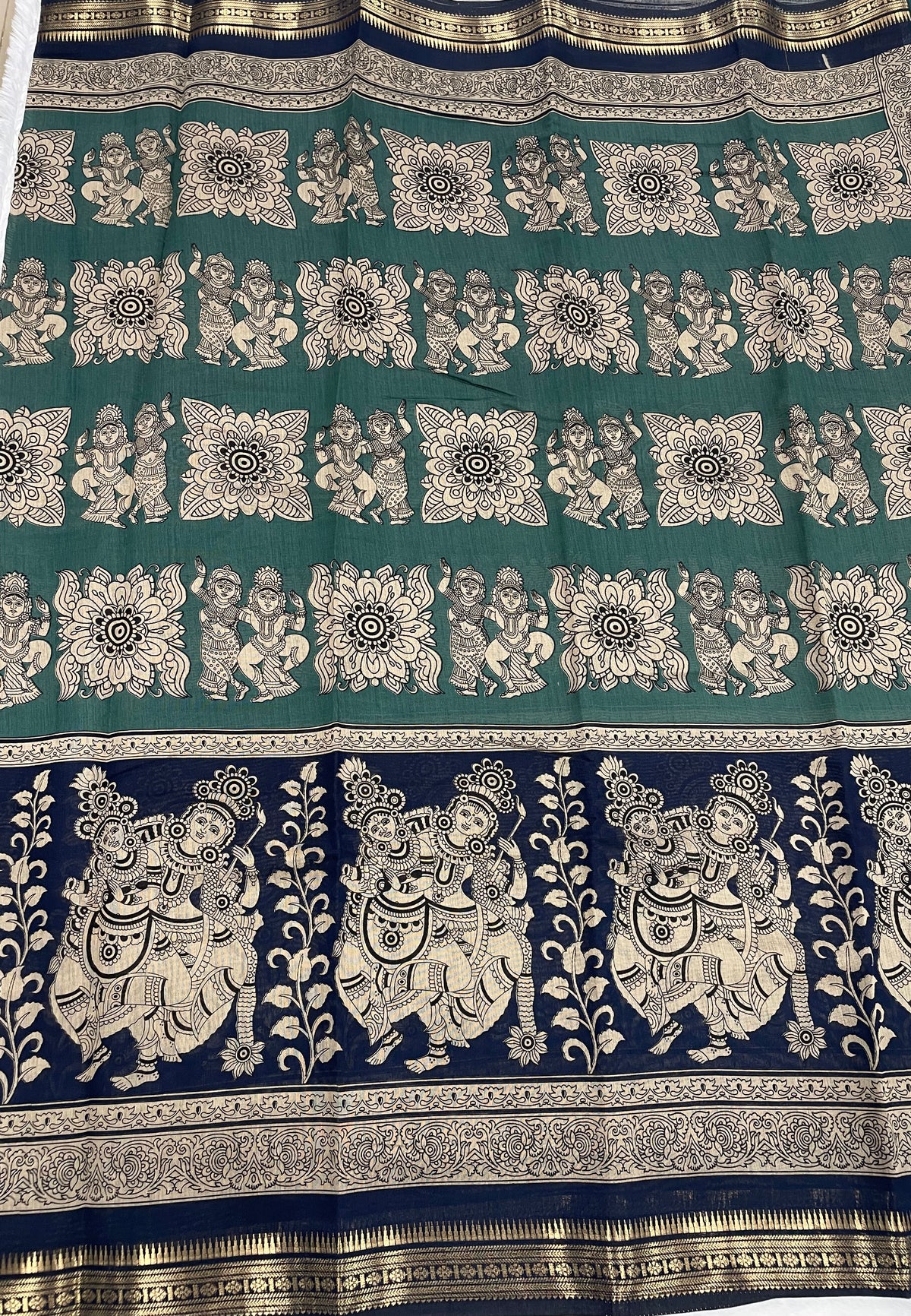 Navy Blue n Peacock Green Pure Mangalgiri Cotton Silk Saree 13