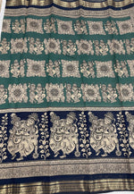 Navy Blue n Peacock Green Pure Mangalgiri Cotton Silk Saree 13