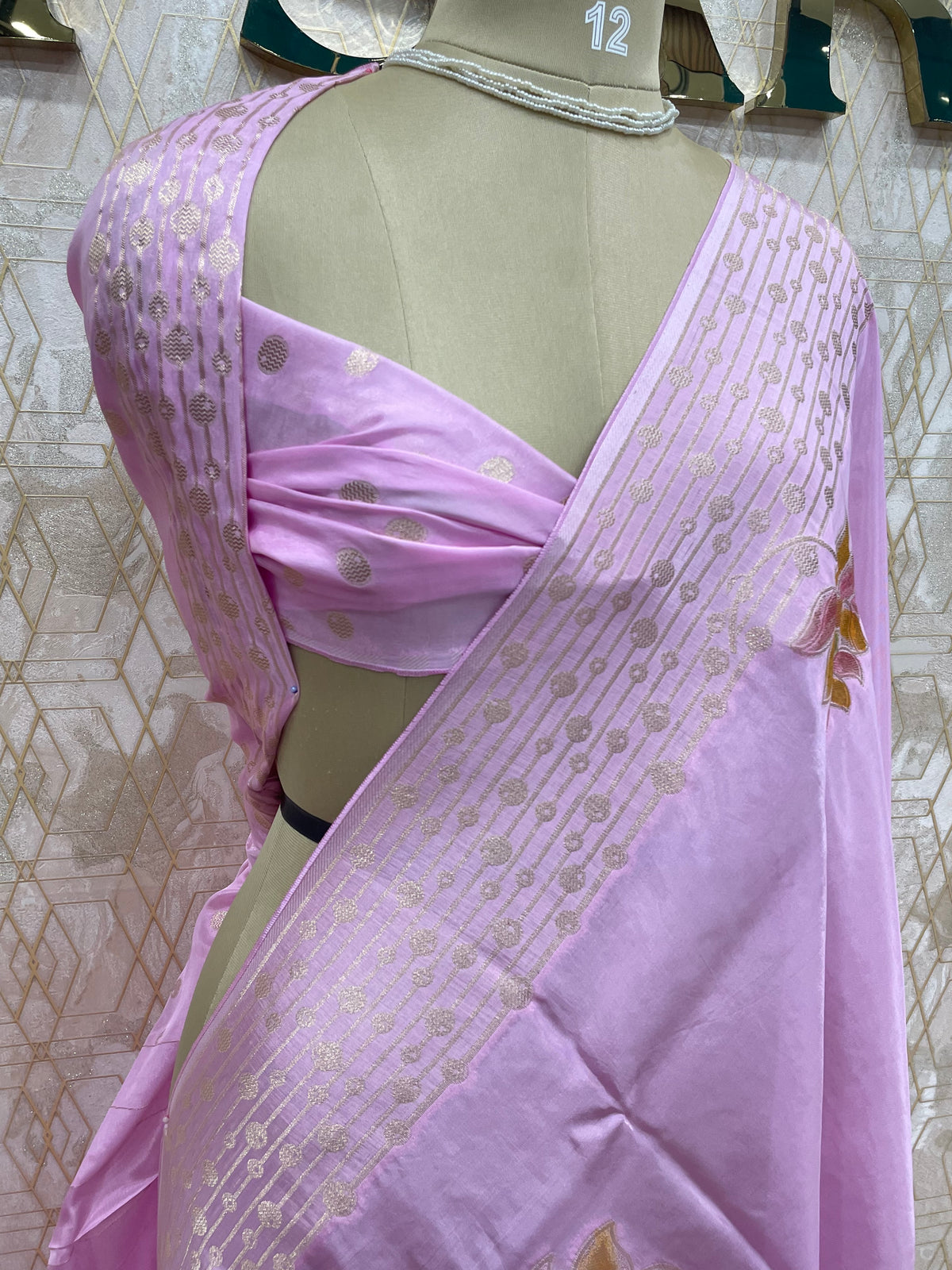 Baby Pink Banarasi Soft Crepe Saree 33