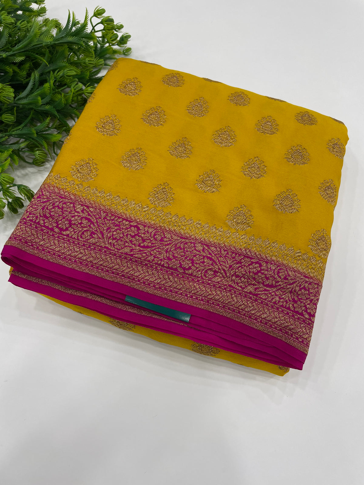 Yellow Pure Banarasi Big Butta Crepe Saree 03