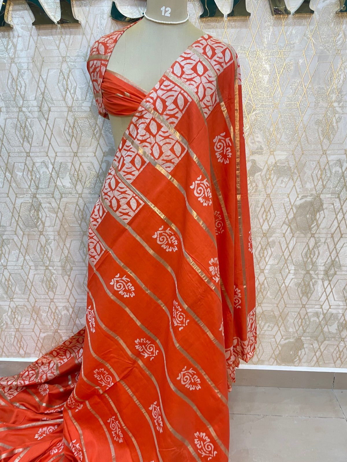Orange Assam Silk Batik Print Saree 23