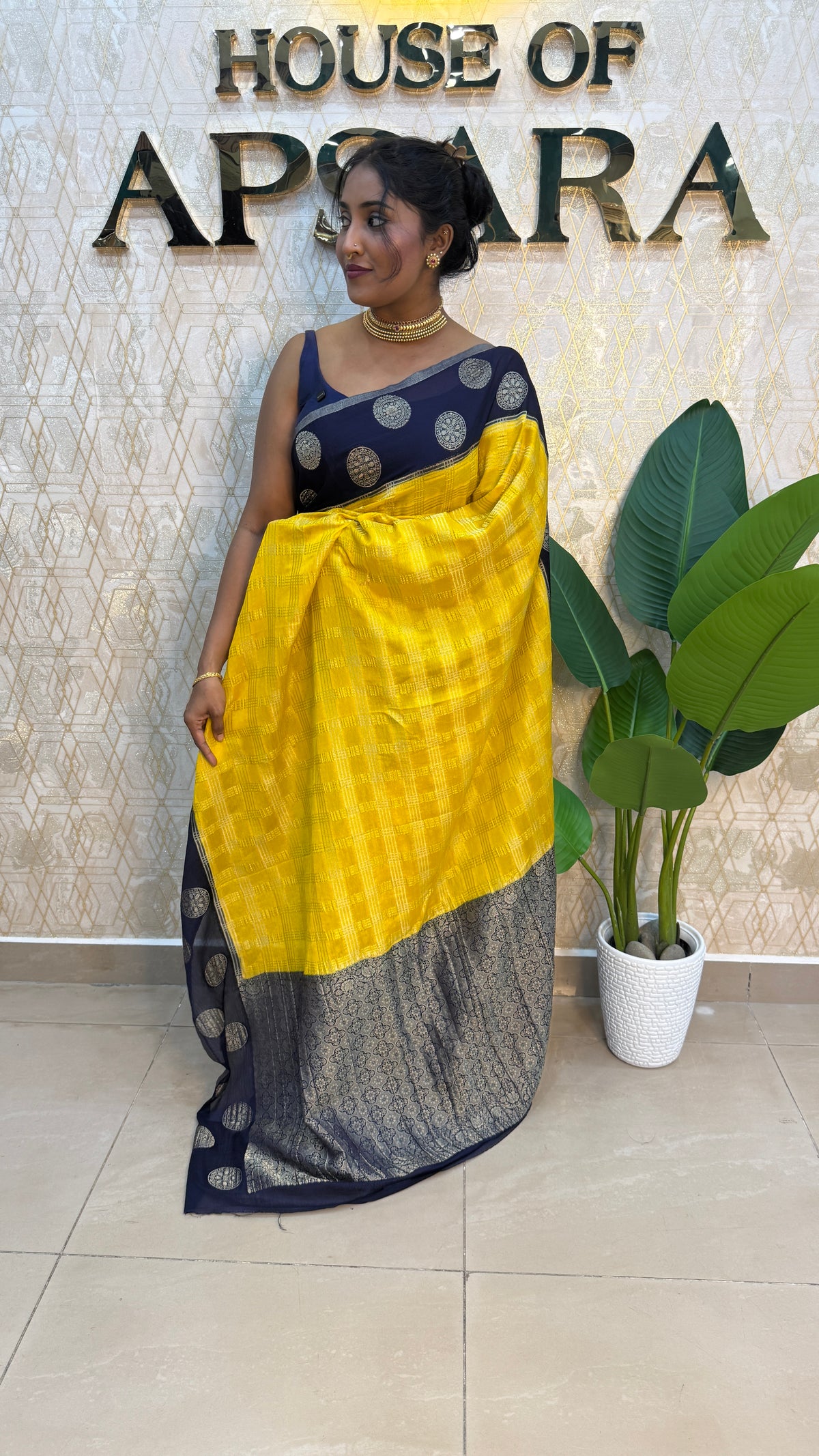Yellow n Purple Banarasi Chiffon Saree 97