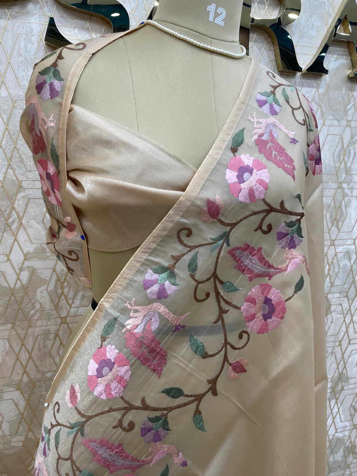 Cream Tissue Embroidery Work Saree 17