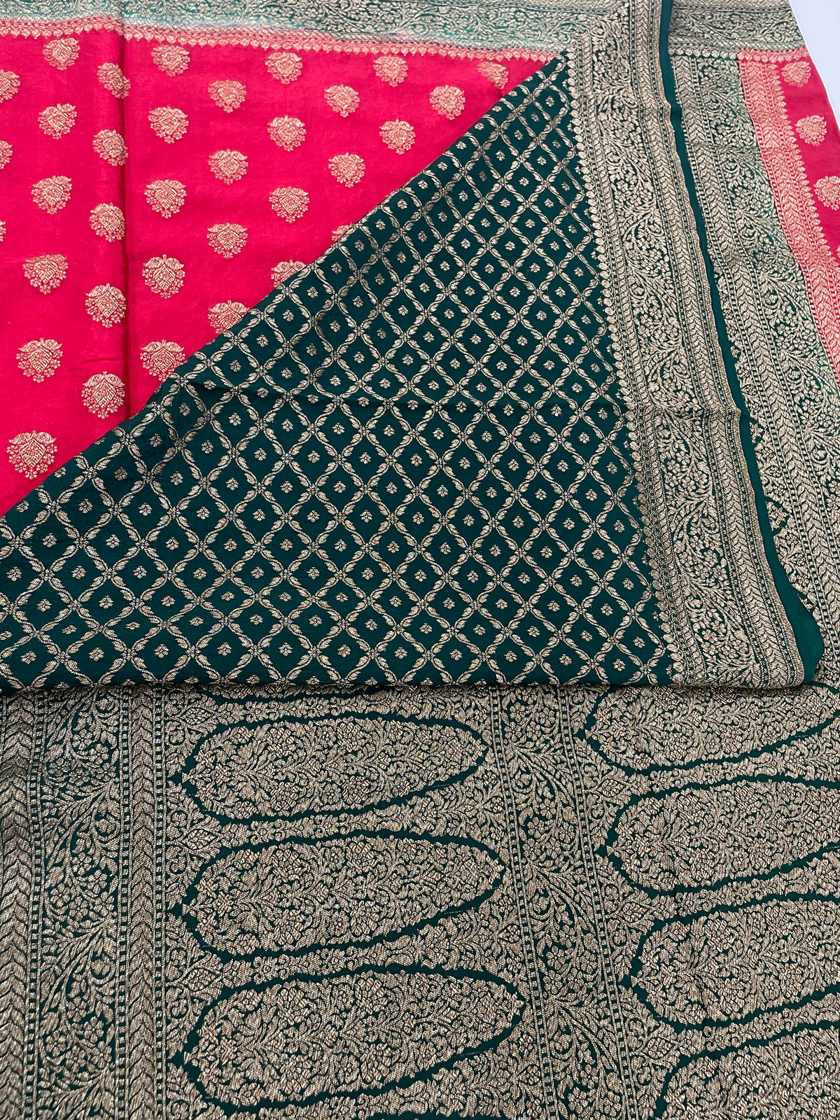 Red n Green Pure Banarasi Big Butta Crepe Saree 03