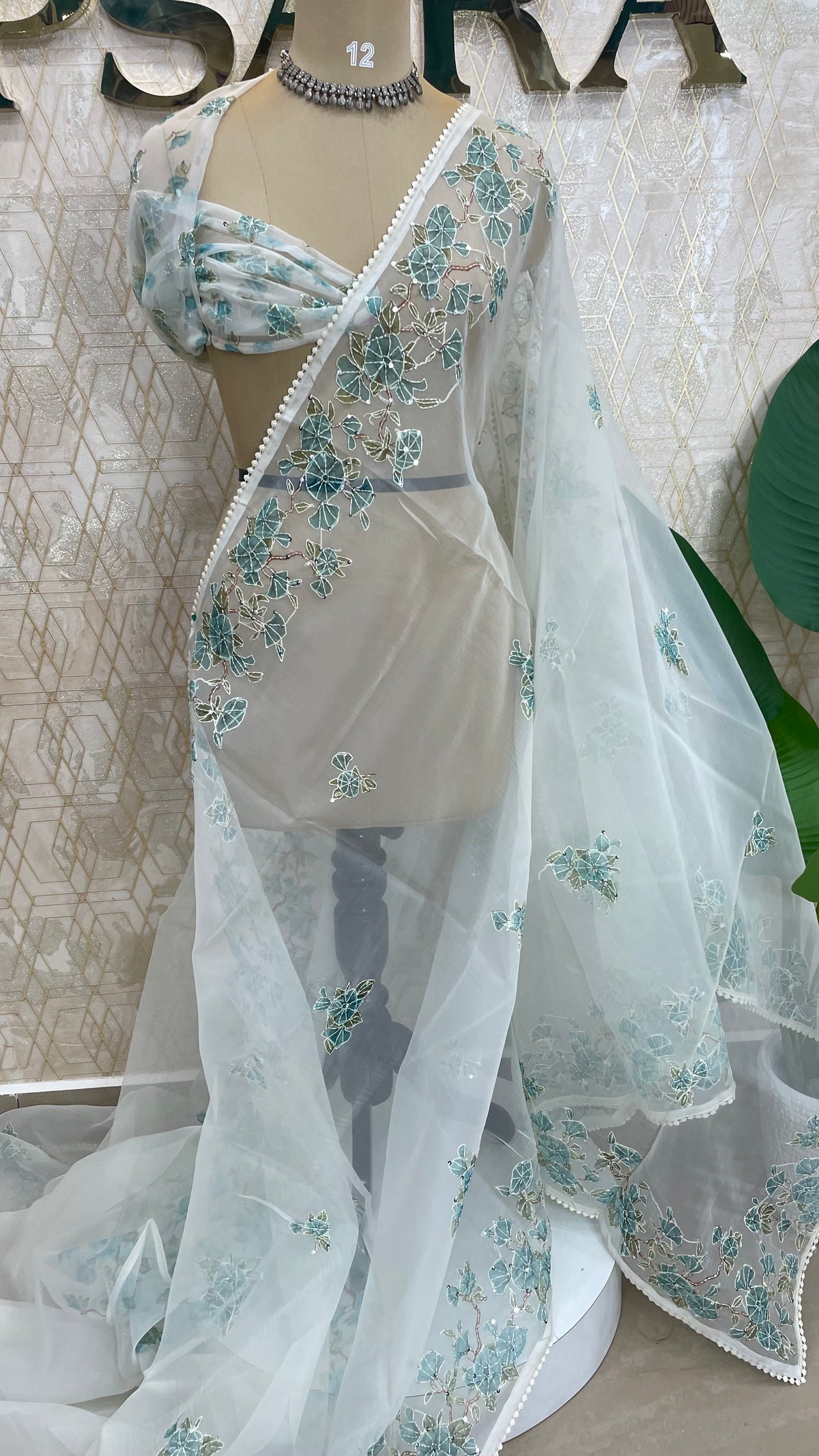 White n Green Soft Organza Embroidery Saree 103