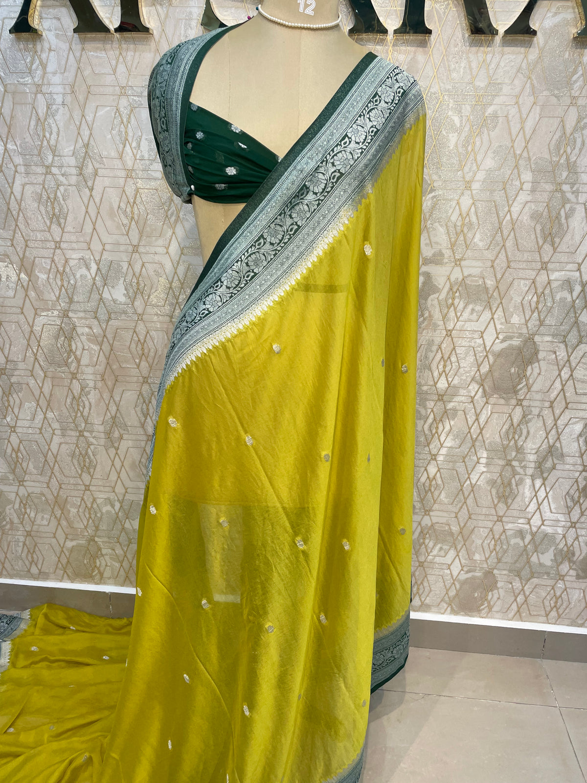 Yellow n Green With Silver Zari Semi Chiffon