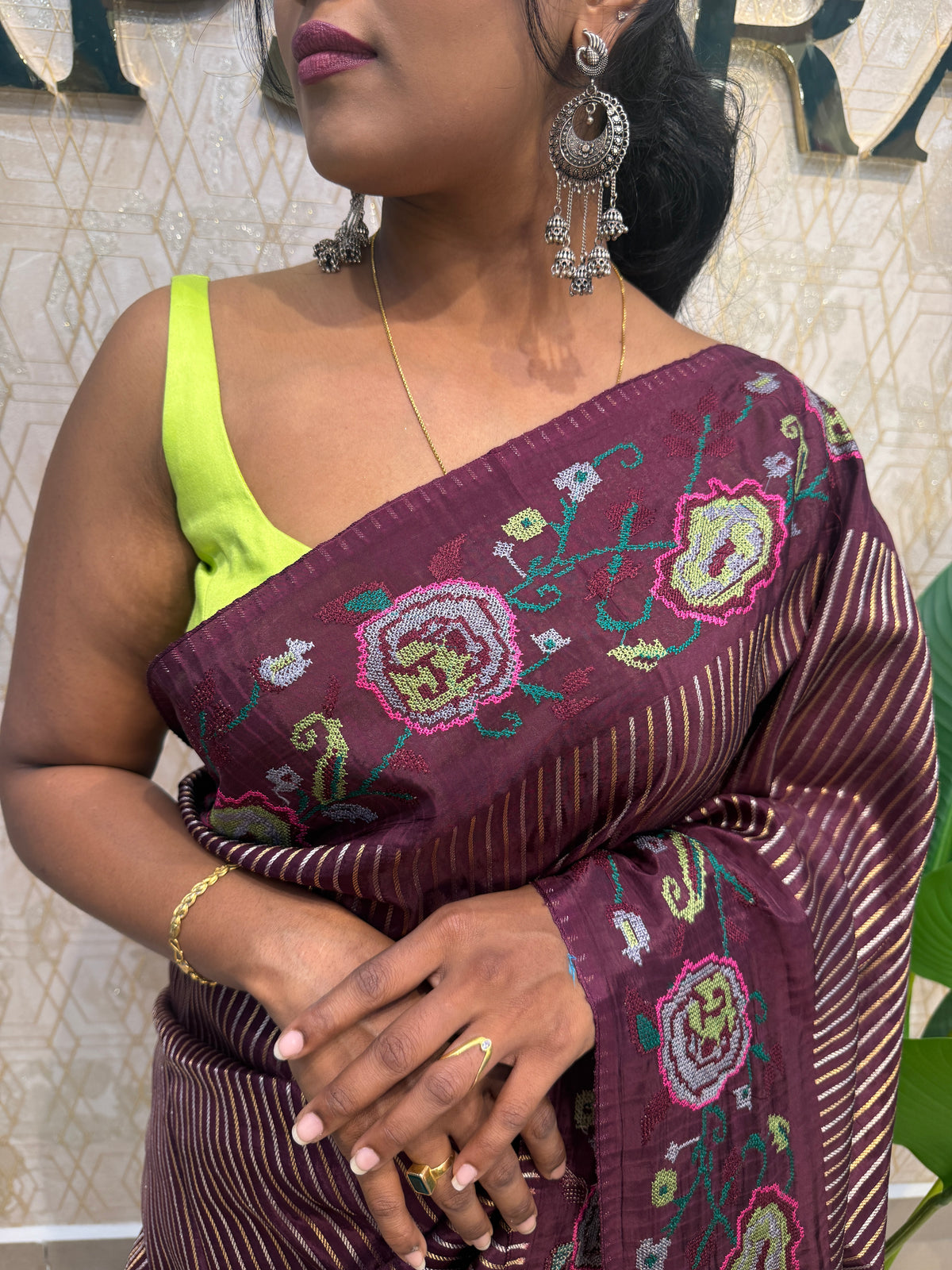 Maroon Crepe With Stripe Cross-stitch Embroidery Saree 207