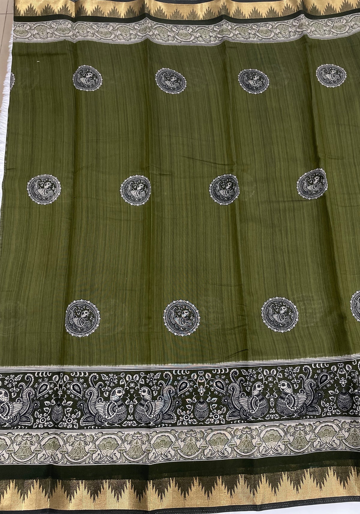 Mehendi Green n Black Pure Mangalgiri Cotton Silk Saree 13