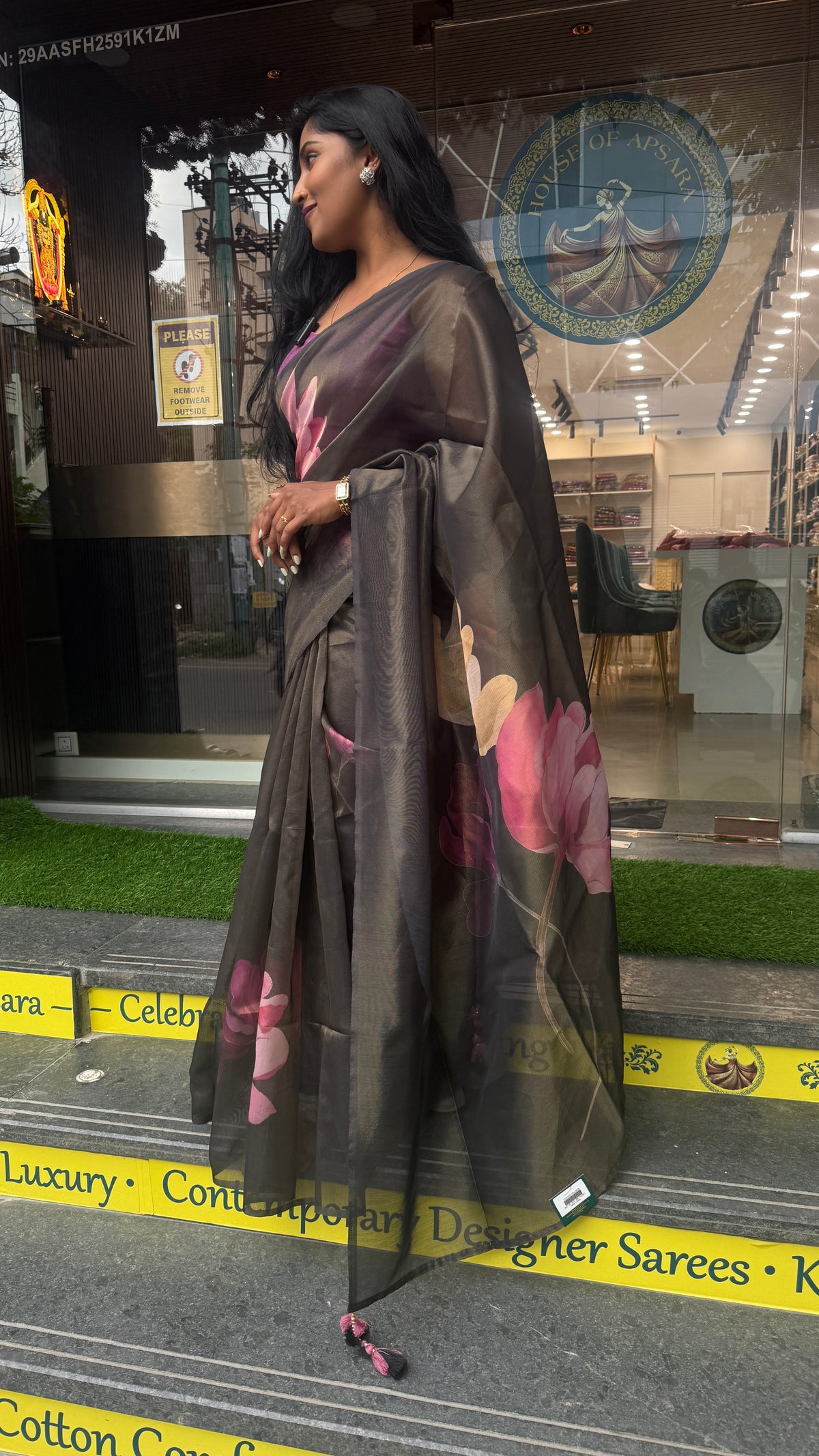 Black Tissue Floral Print Saree 35