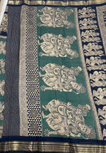 Navy Blue n Peacock Green Pure Mangalgiri Cotton Silk Saree 13