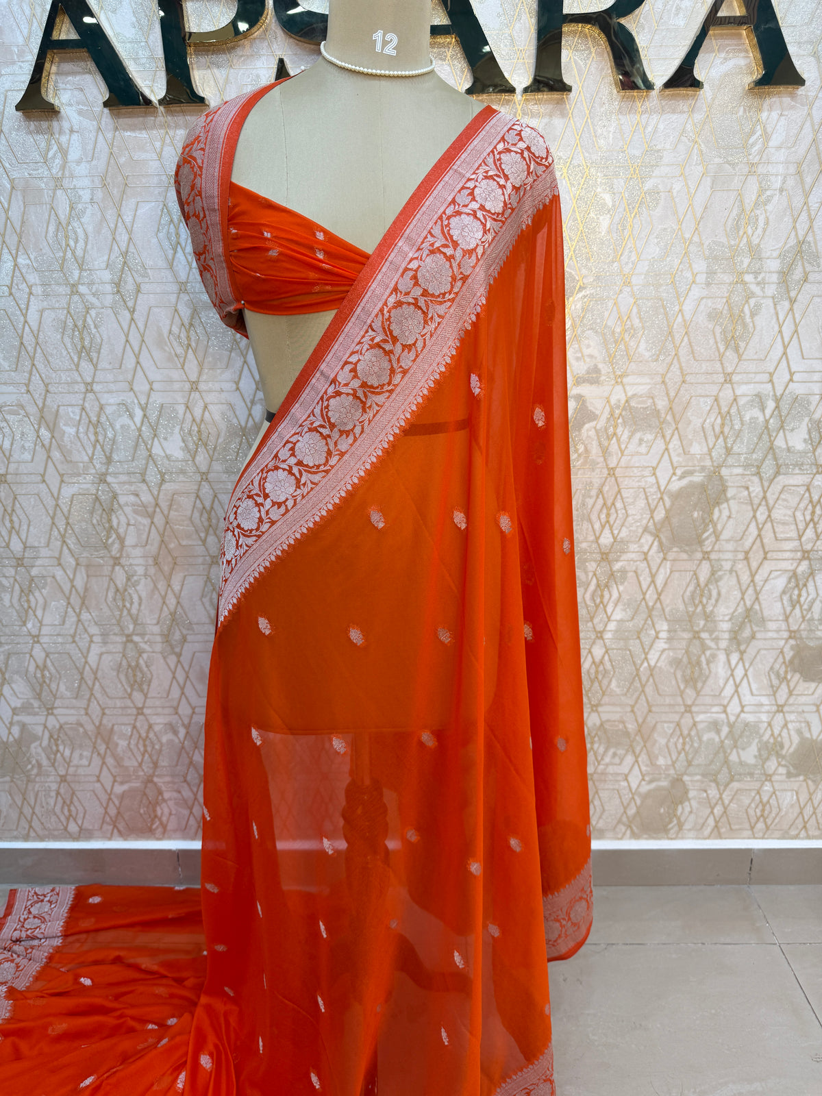 Orange With Silver Zari Semi Chiffon