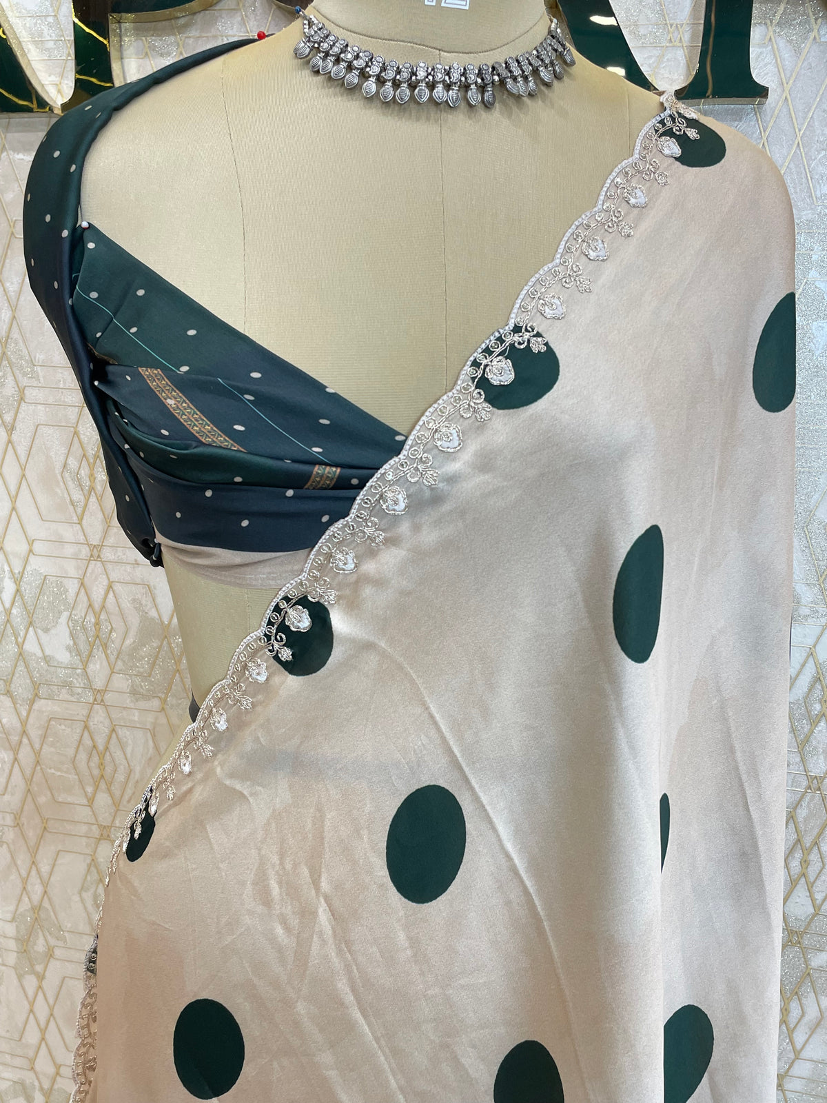 Cream n Green Satin Digital Print Saree 45