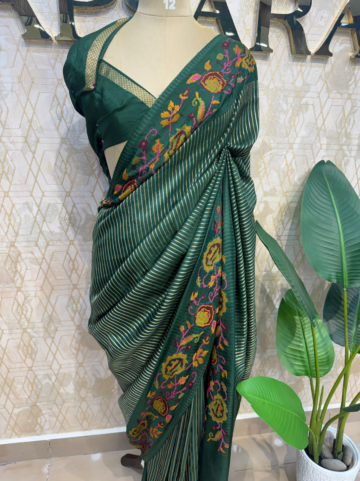 Green Crepe With Stripe Cross-stitch Embroidery Saree 207