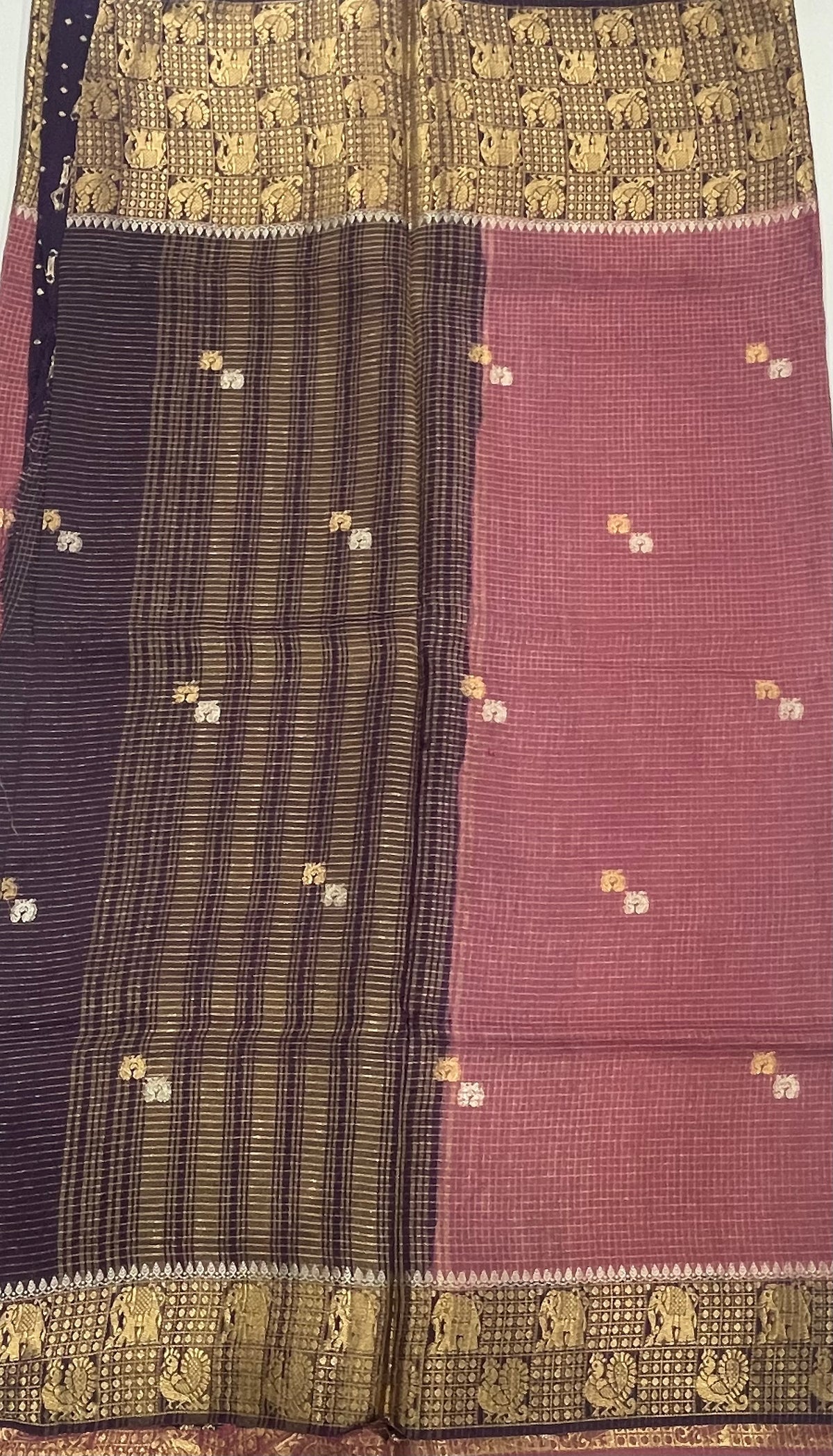 Onion Pink n Purple Checks Cotton Silk Saree 13