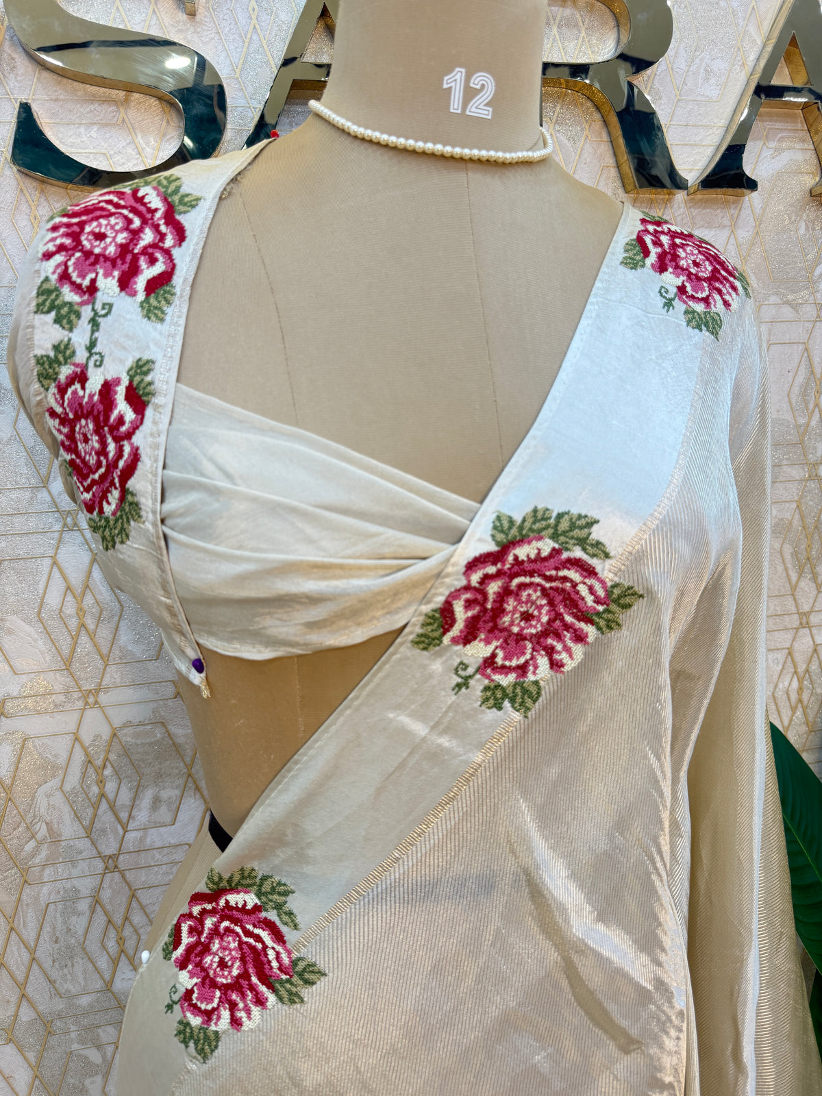 White Satin Silk Petite Point Embroidery Saree 305